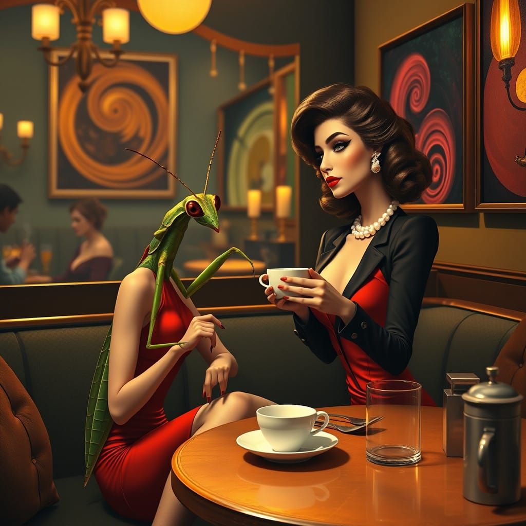 Sultry Pin-Up in Night Cafe with Praying Mantis