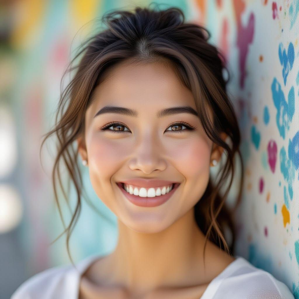 Joyful Asian Woman Covered in Colorful Paint Splatters