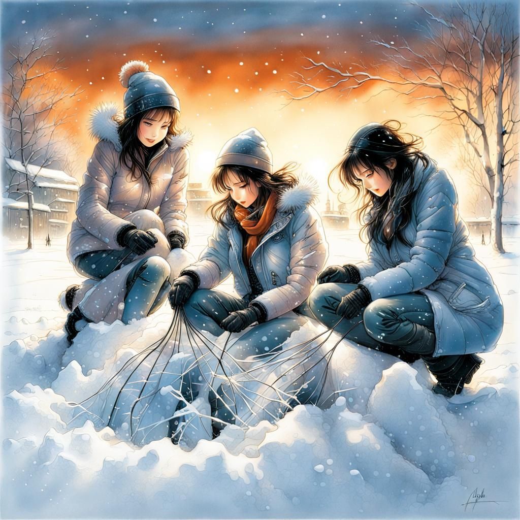 Lesbian Family Shoveling Snow at Winter Dawn