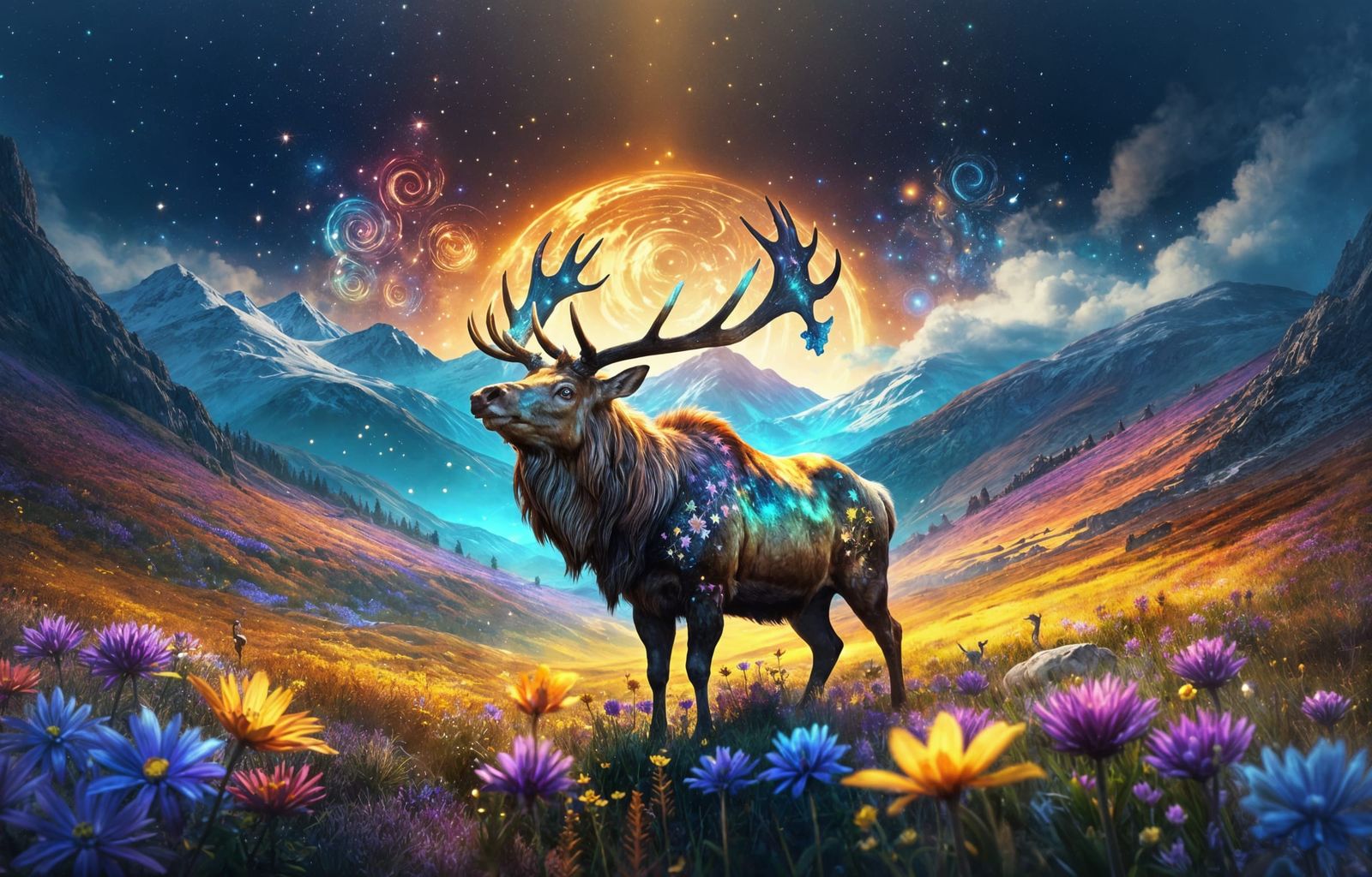 Irish Elk with Bioluminescent Antlers, Fantasy Art