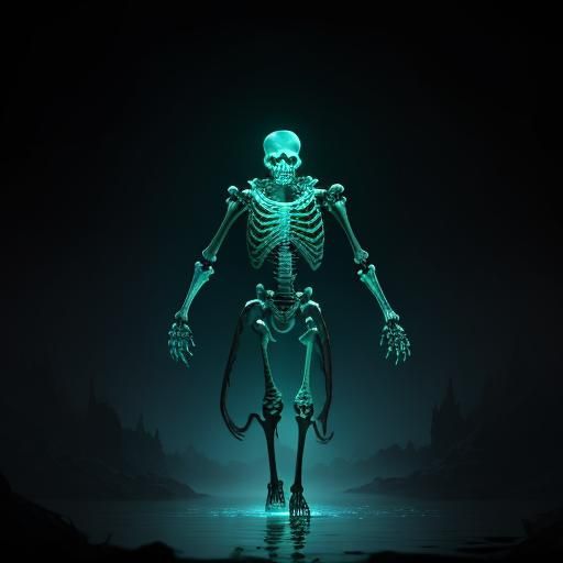 Glowing Skeleton in Mystical River: Fantasy Art