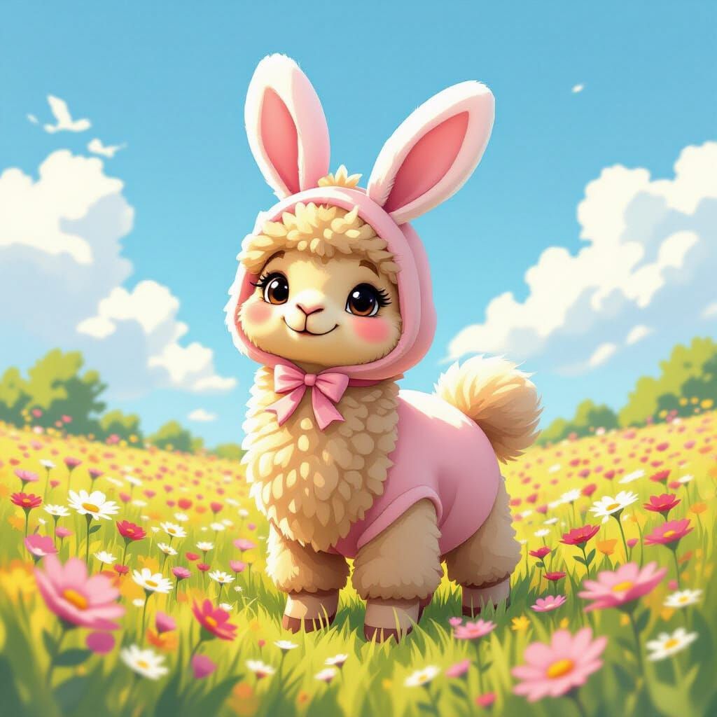 Fluffy Camel in Pink Bunny Outfit in Wildflower Field