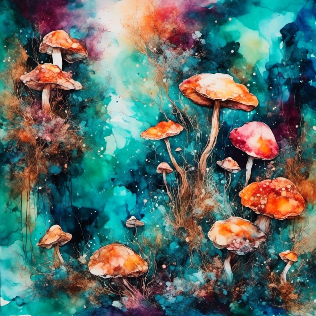 Martian Mushrooms in Alcohol Ink Gardens