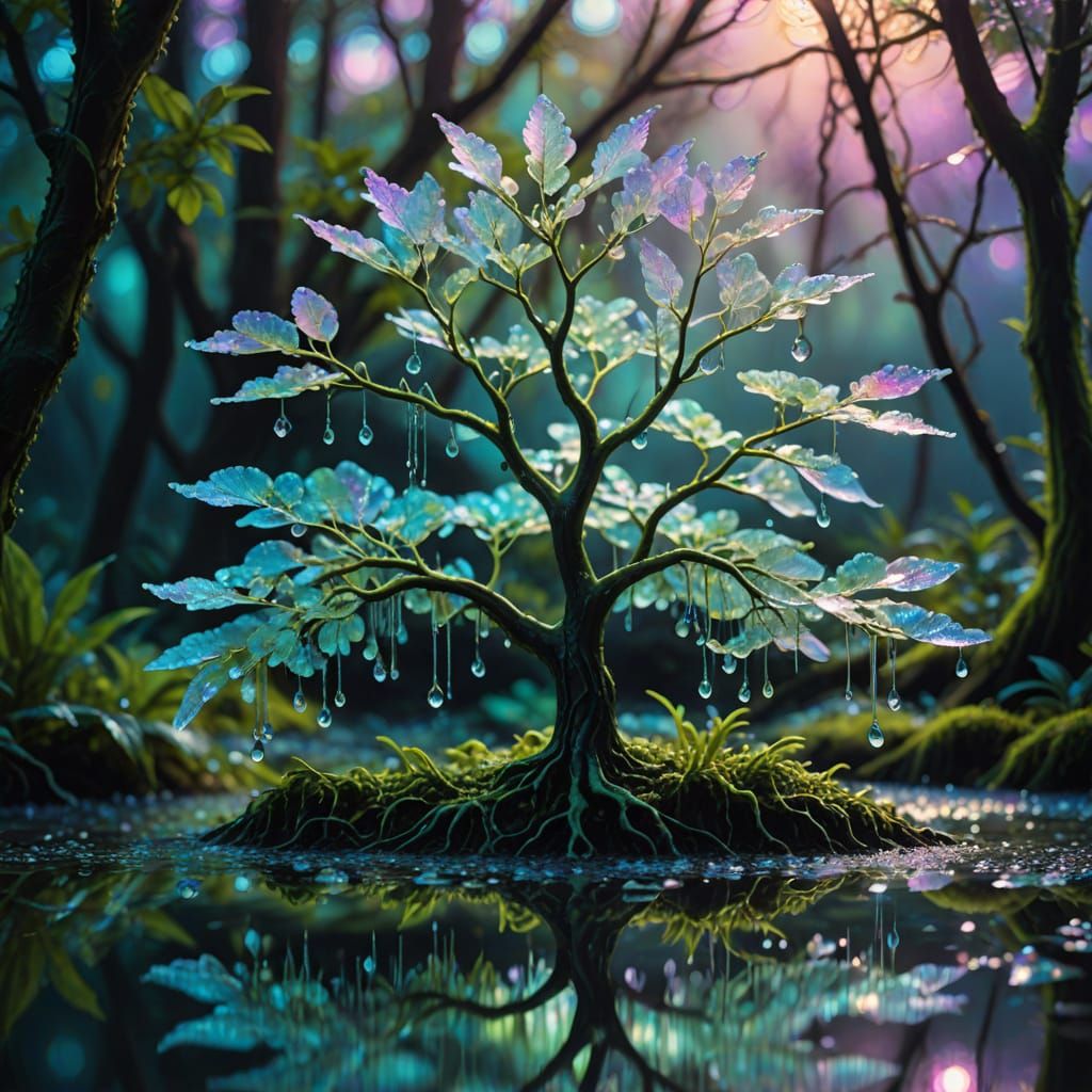 Iridescent Water Tree with Glowing Algae Leaves