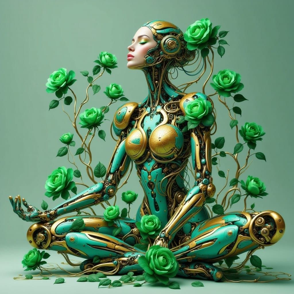 Robotic Woman in Lotus Position with Roses