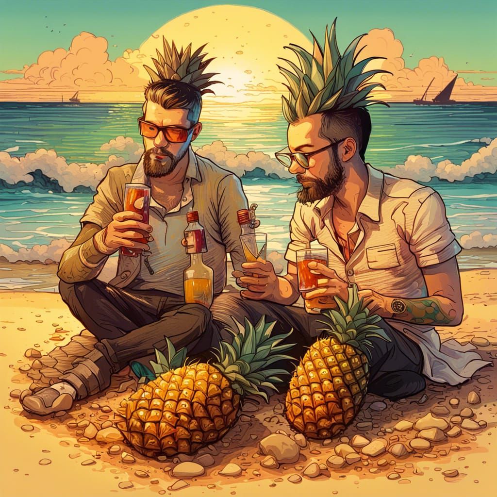 Hyperrealistic Beach Sunset with Pineapple Drinks