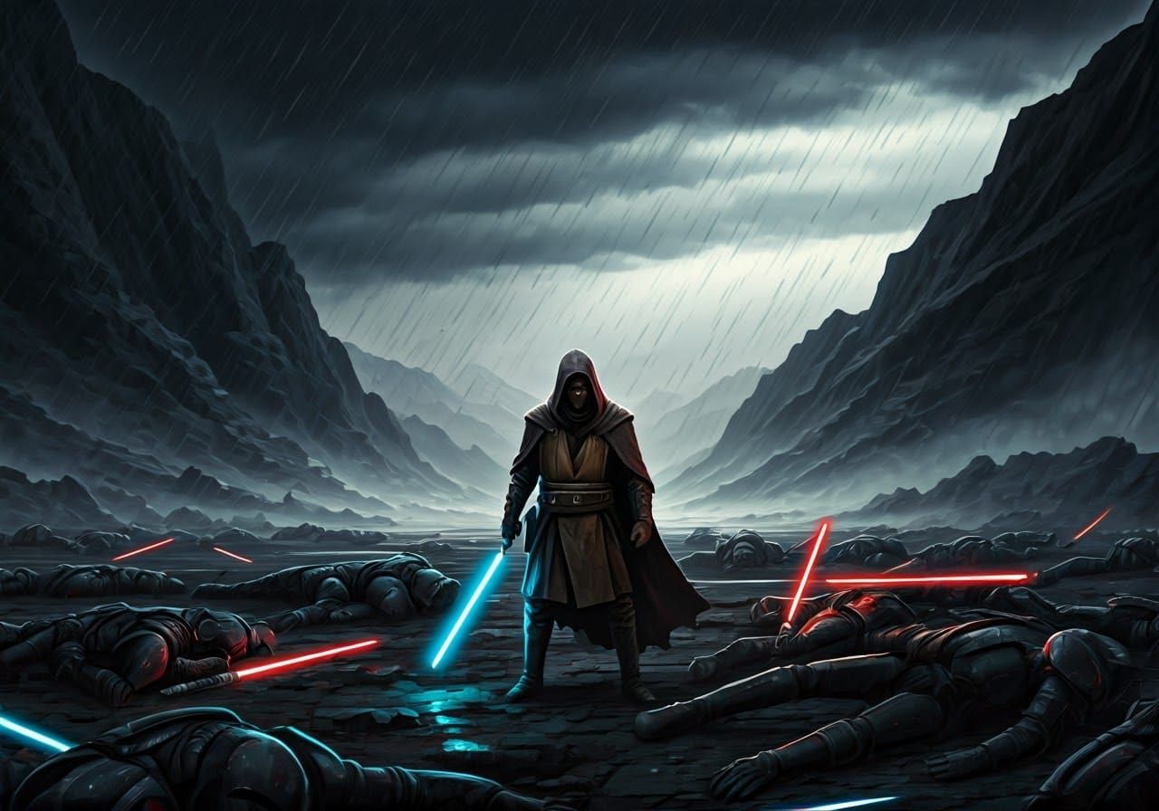Victorious Jedi Ronin in a Ravaged Landscape