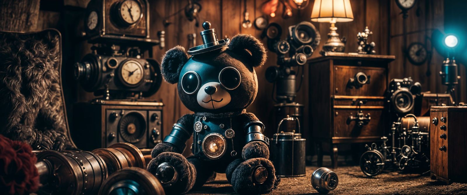 Eerie Vintage Plush Toy in Retro Steampunk Room