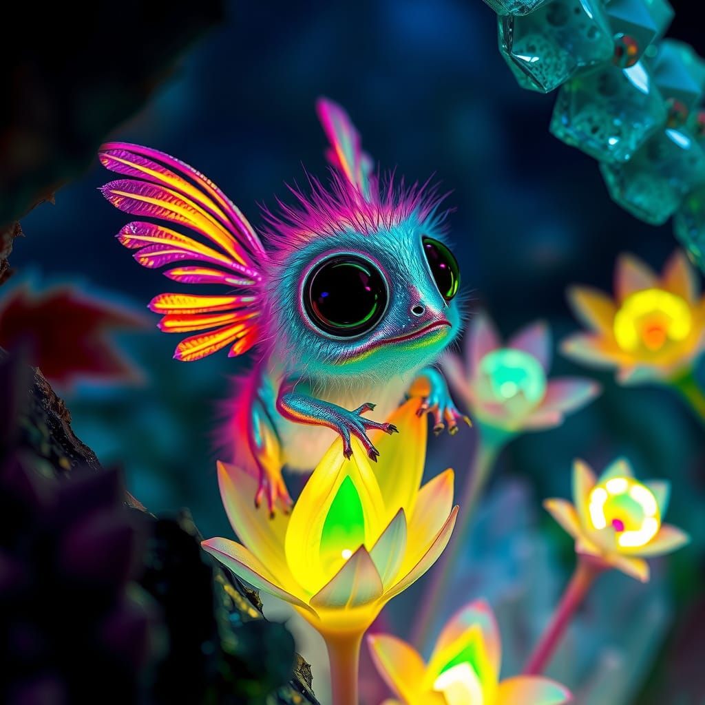 Iridescent Rainbow Critter Amidst Alien Flora in Dark Crysta...