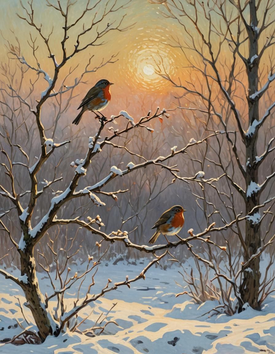 Robins in Snow, Impressionistic Style