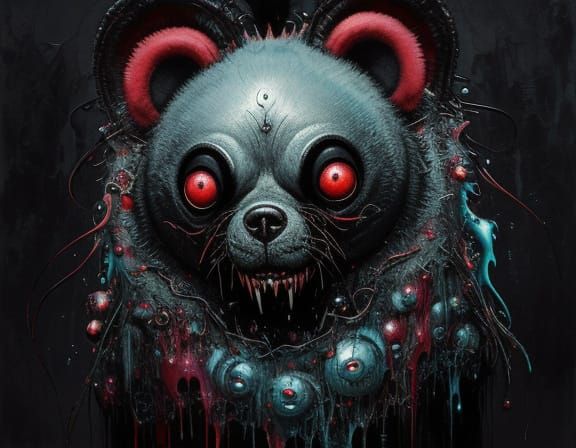 Grotesque Surreal Creature Hugs Teddy Bear in Oil Painting