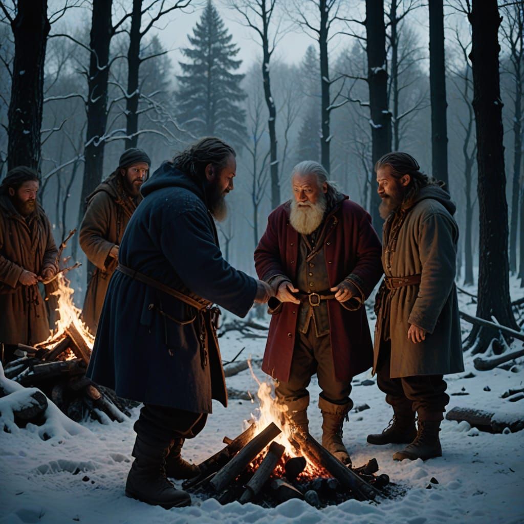 Dwarves Dancing Under a Fiery Red Moonlit Snowfall