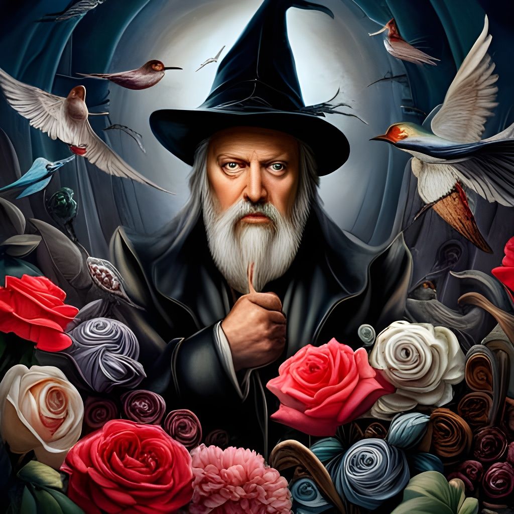 Wizard Surrounded by Birds and Roses in Surreal Style
