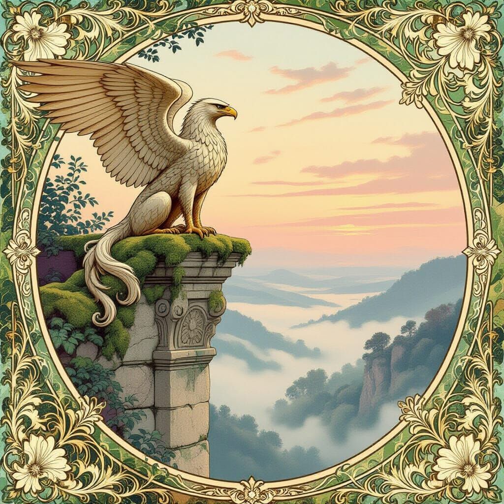 Art Nouveau Griffin Over Misty Valley at Dawn