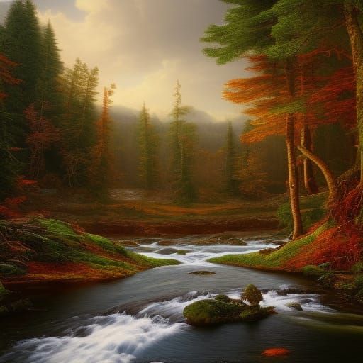 Photo Realistic Winter Forest River Landscape