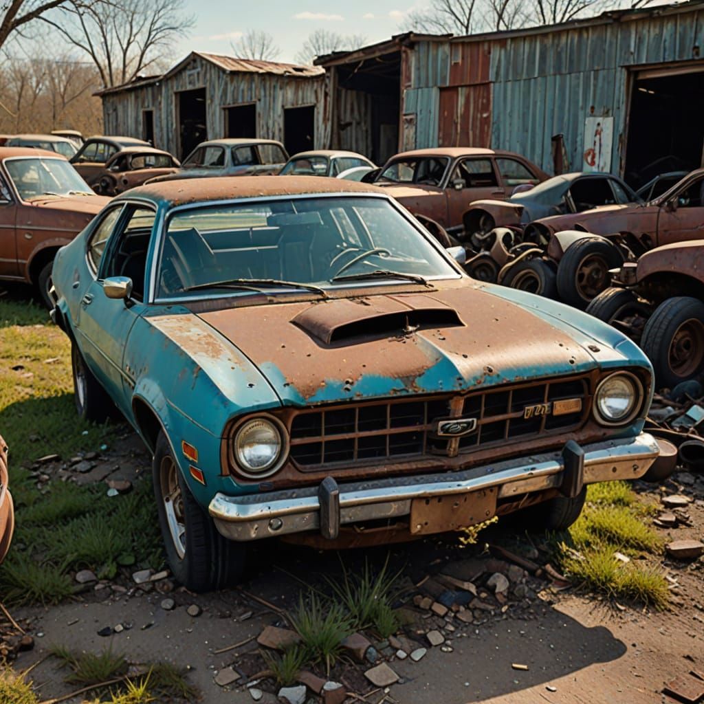 Retro Blue Ford Pinto in Vintage Junkyard Setting