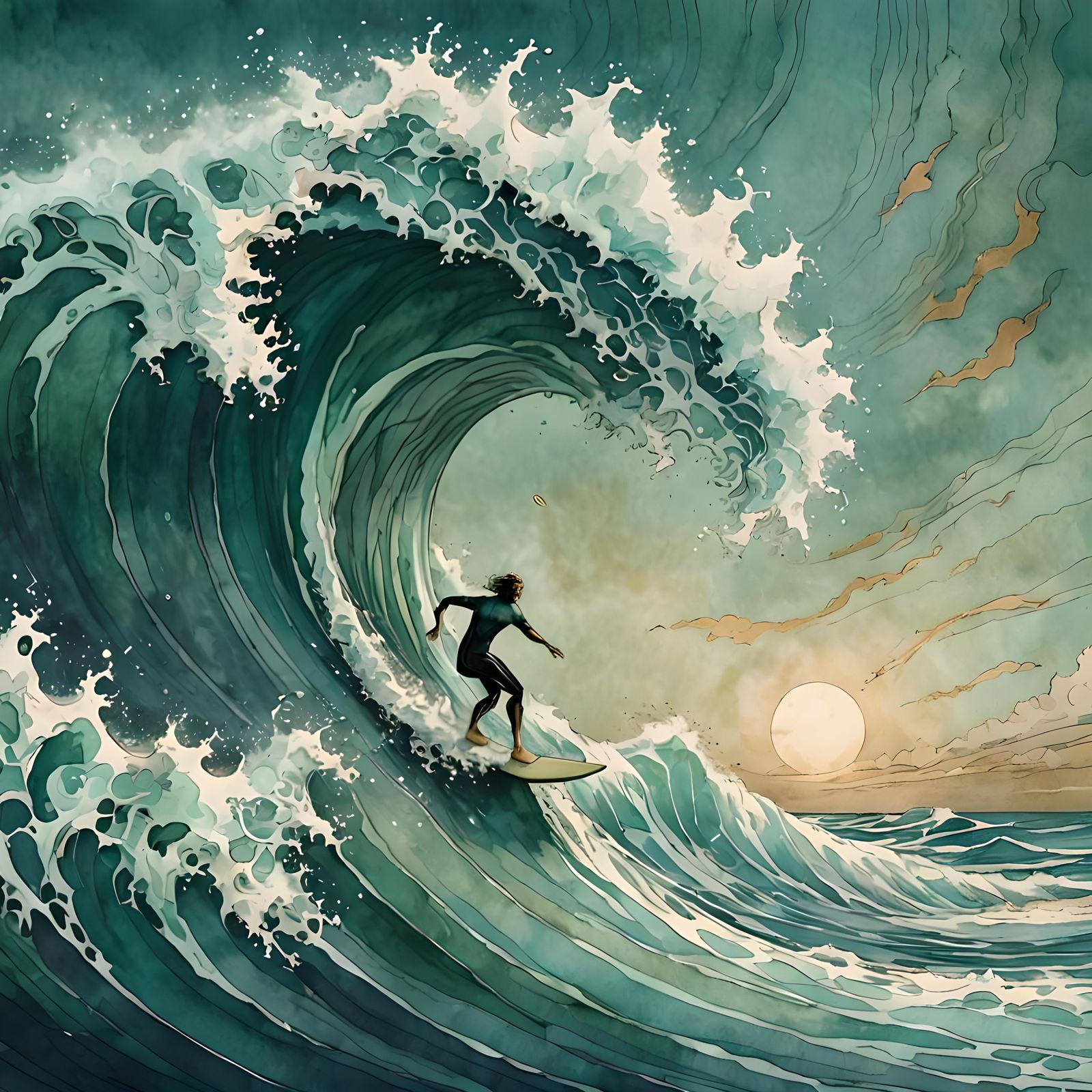Surfer Rides Huge Wave in Watercolor Illustration