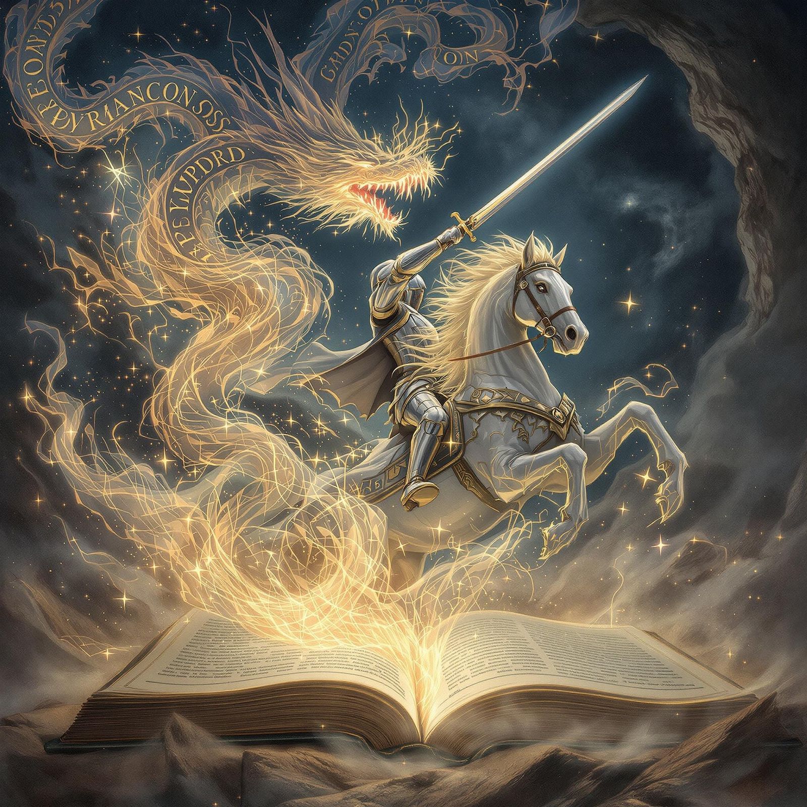 Knight Vanquishing Dragon of Ethereal Words