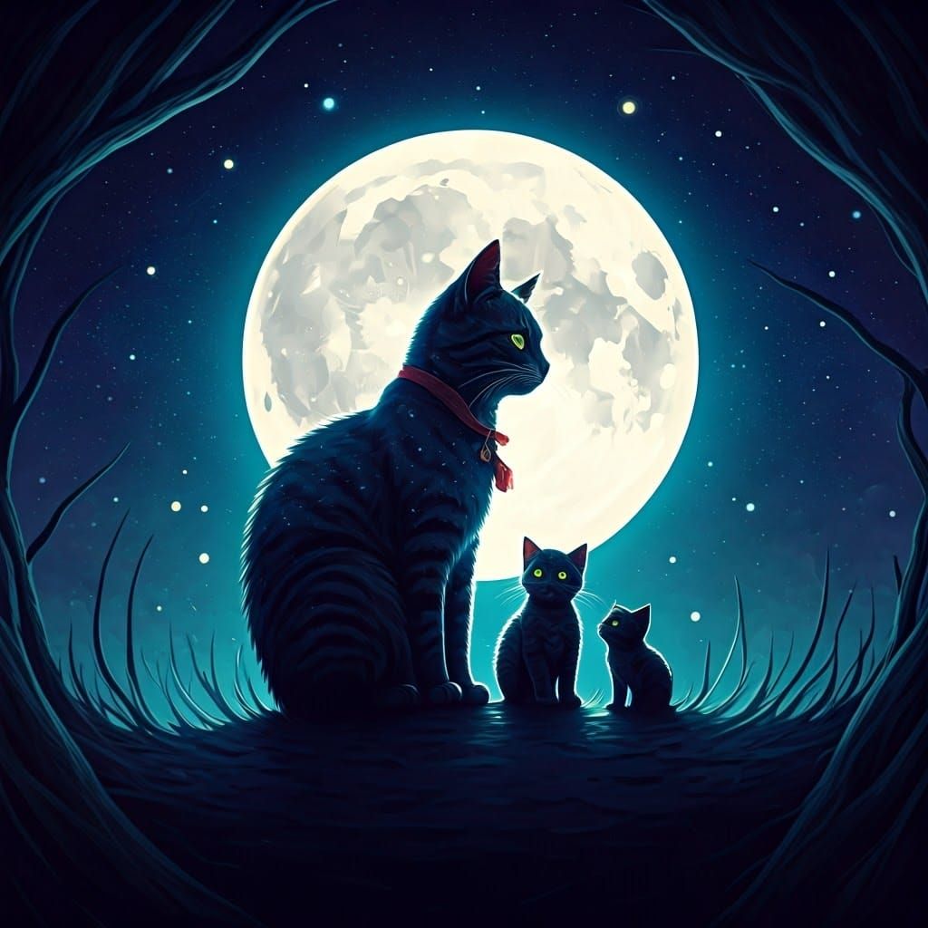 surrealism, cat and kittens and the moon, double exposure, silhouettes, vivid, digital illustration, 8k uhd, magical, sp...
