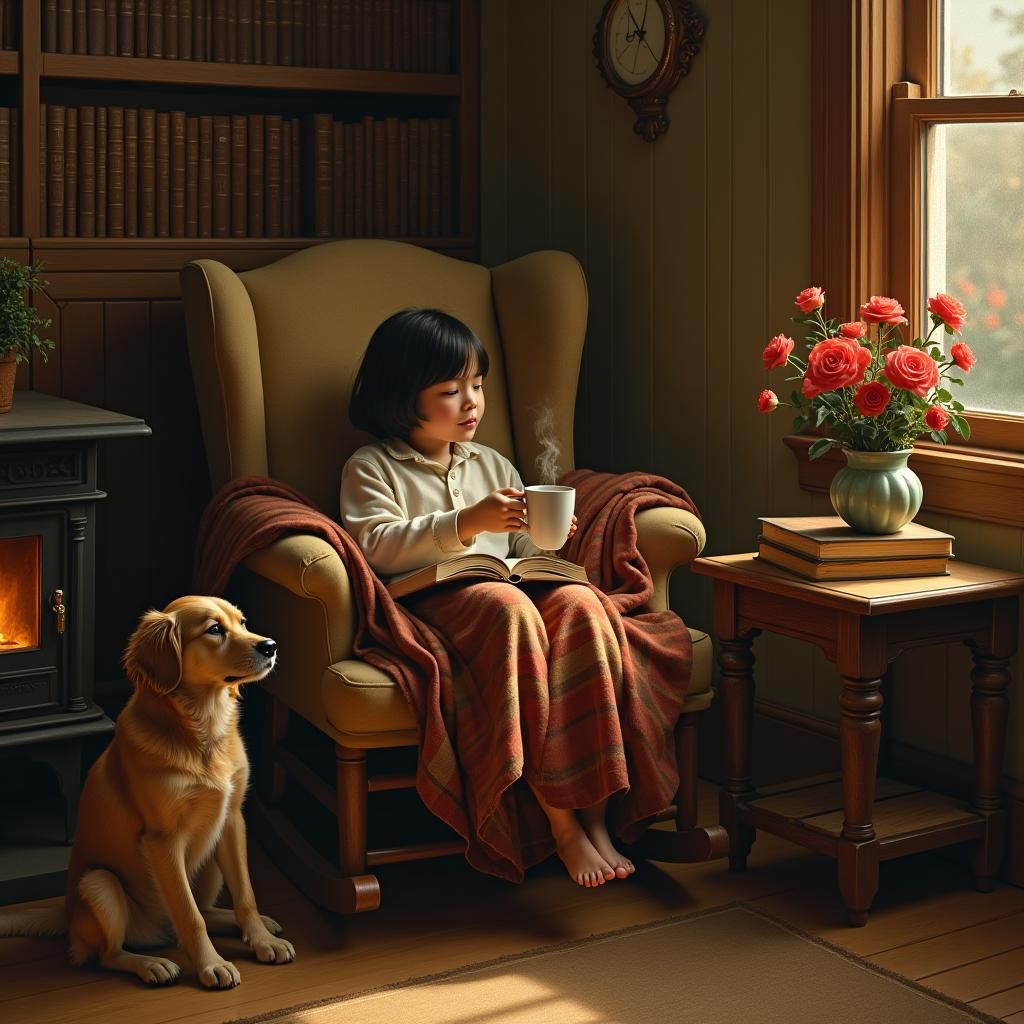 Cozy Girl Reading with Dog, Vermeer and Rockwell Style