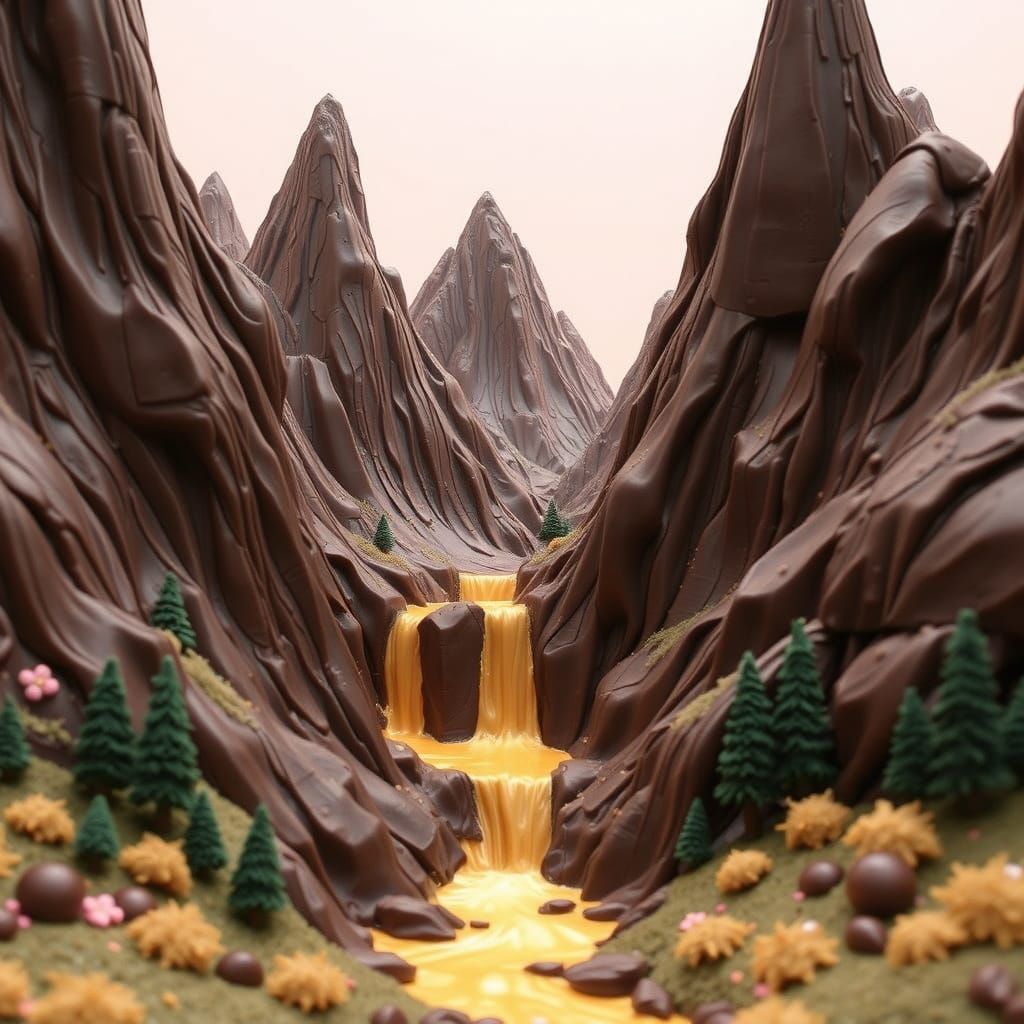 Chocolate Mountains and Waterfalls in Digital Art Style