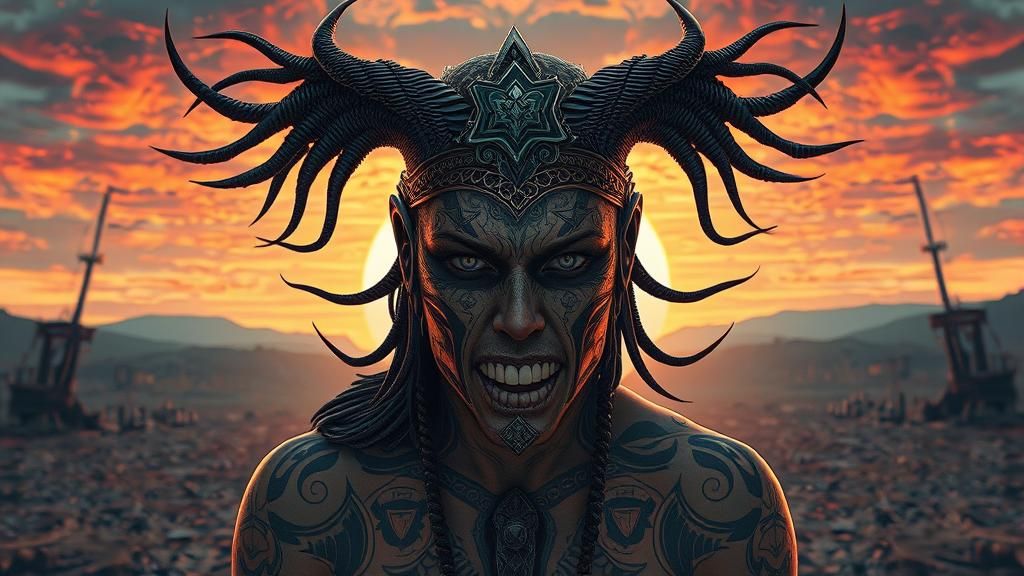 Tattooed Warrior in Post-Apocalyptic Sunset, Hyperrealism