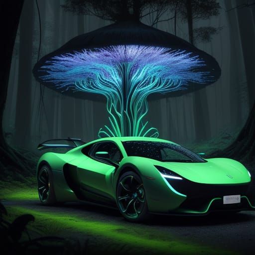 Futuristic Car Races Through Bioluminescent Forest