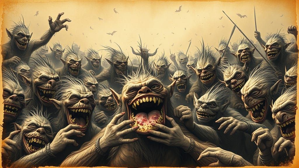 Humorous Troll Brawl in Sepia Tones