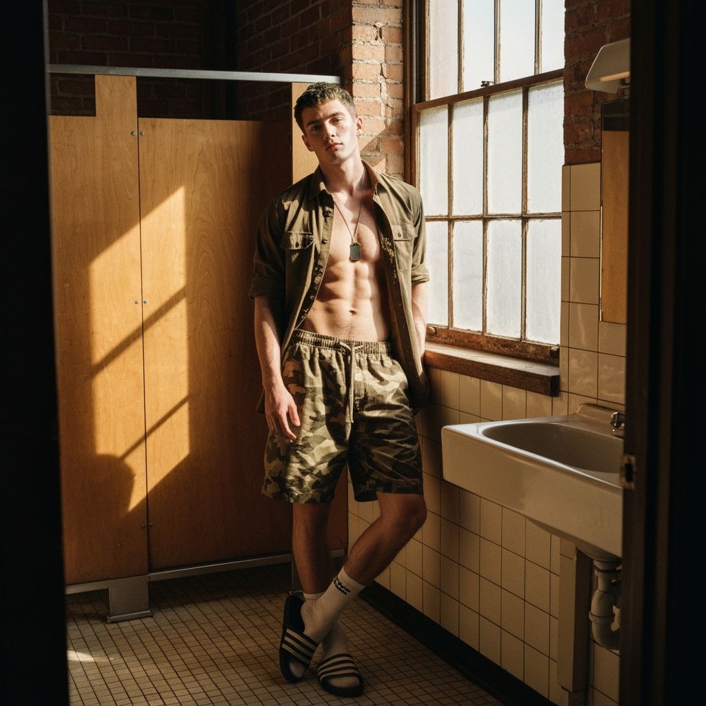 Muscular Man in Restroom, Natural Light, Industrial Setting