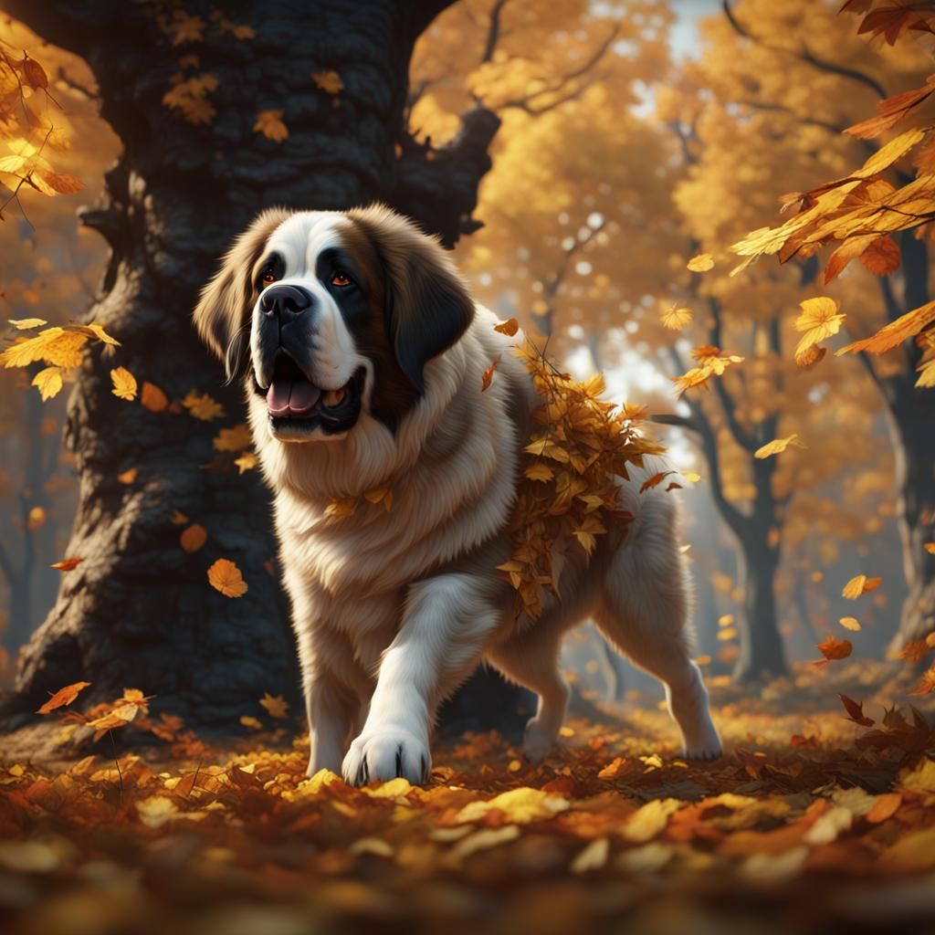 St. Bernard in Golden Autumn Leaves