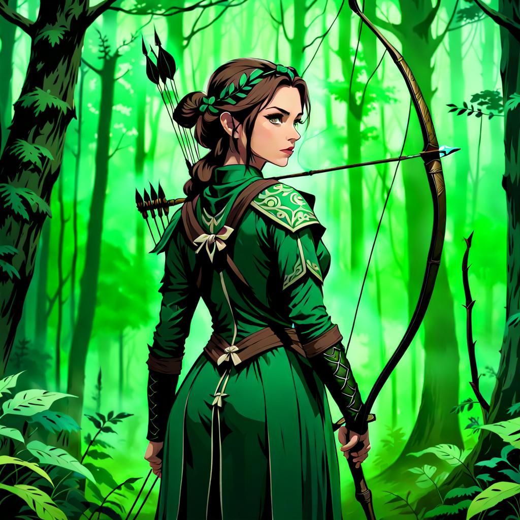Green Arrow Concept Art in Misty Forest