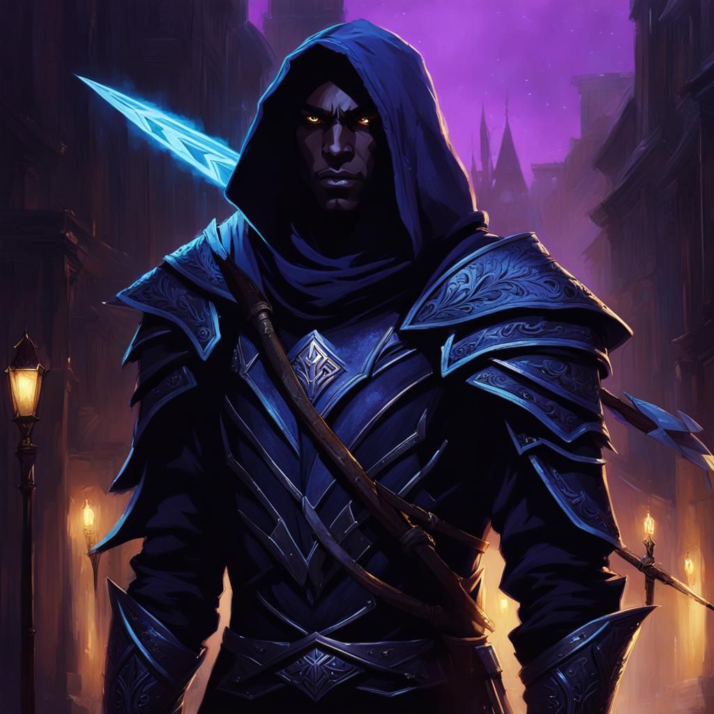Drow Warrior in Dimly Lit Street: Dark Fantasy Art