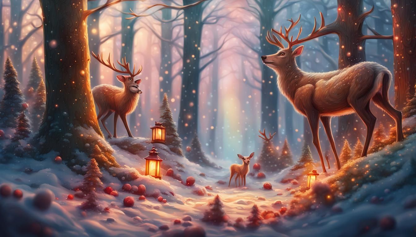 Humorous Christmas Forest Scene: Hyperrealistic Splash Art