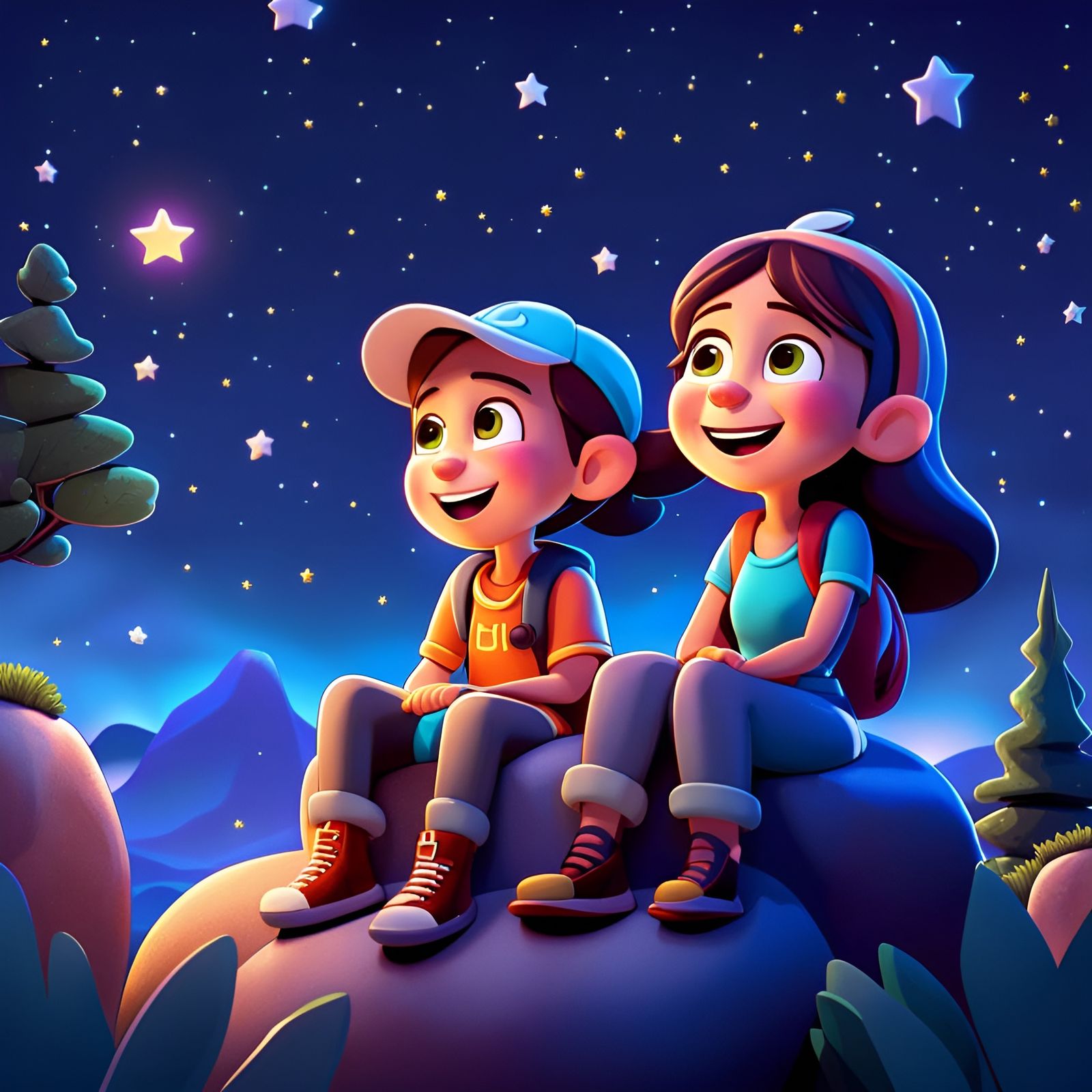 Joyful Couple Gazing at Stars: Cell-Shaded Cartoon