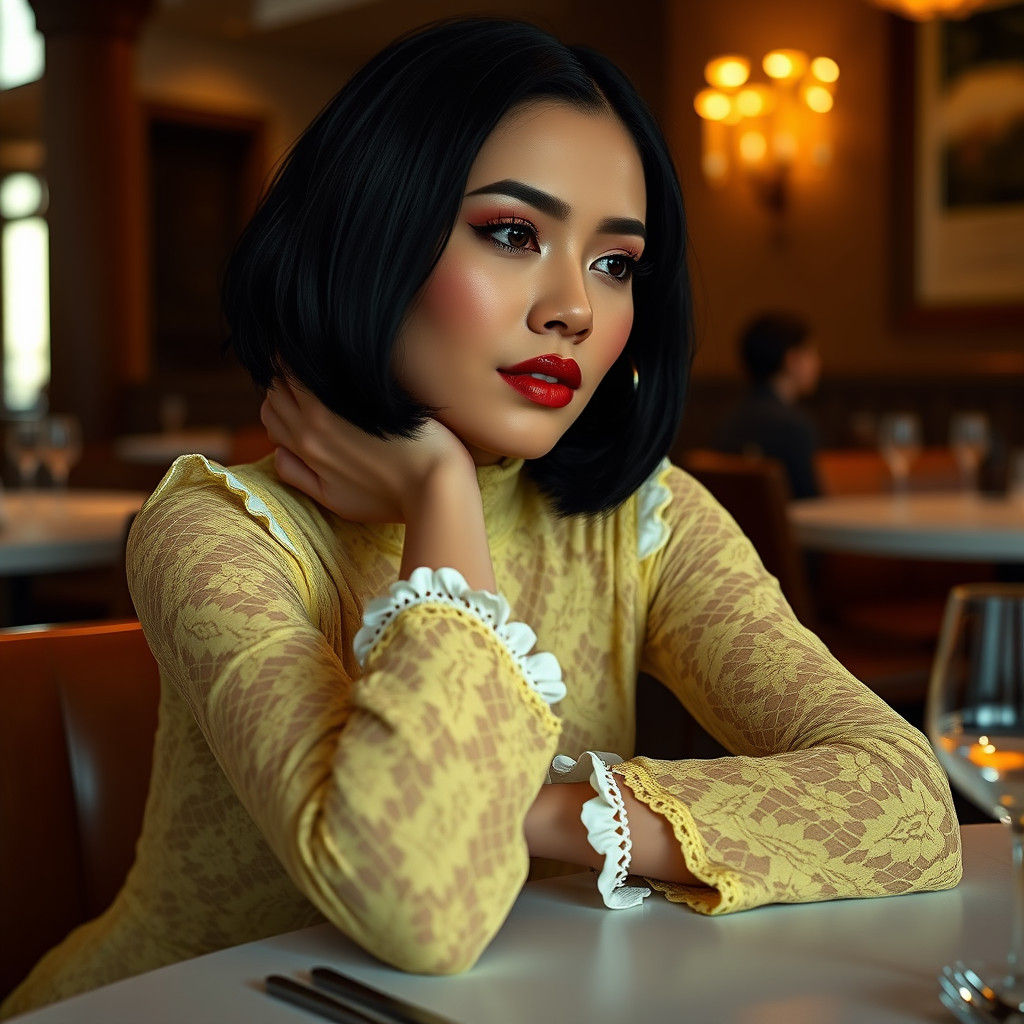 Elegant Woman in Yellow Lace Dress, Digital Art