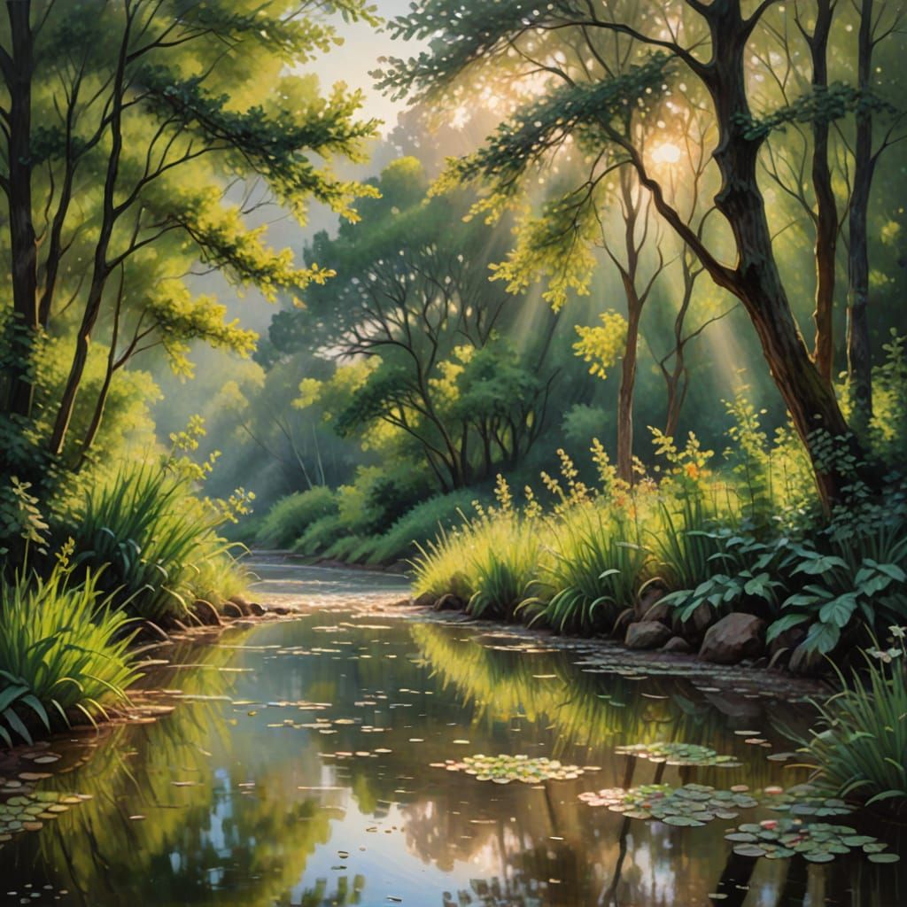 Serene Morning Stream in Vibrant Greenery