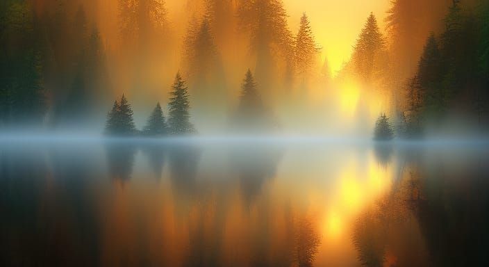 Mystical Forest Sunrise with Water Reflections