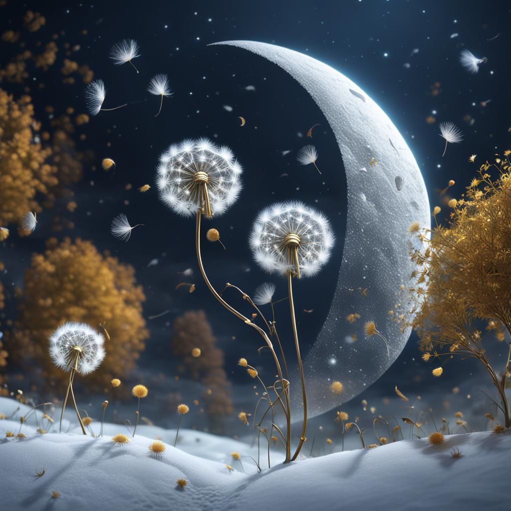 Dandelion Seeds and Silver Moon in Detailed 3D Art