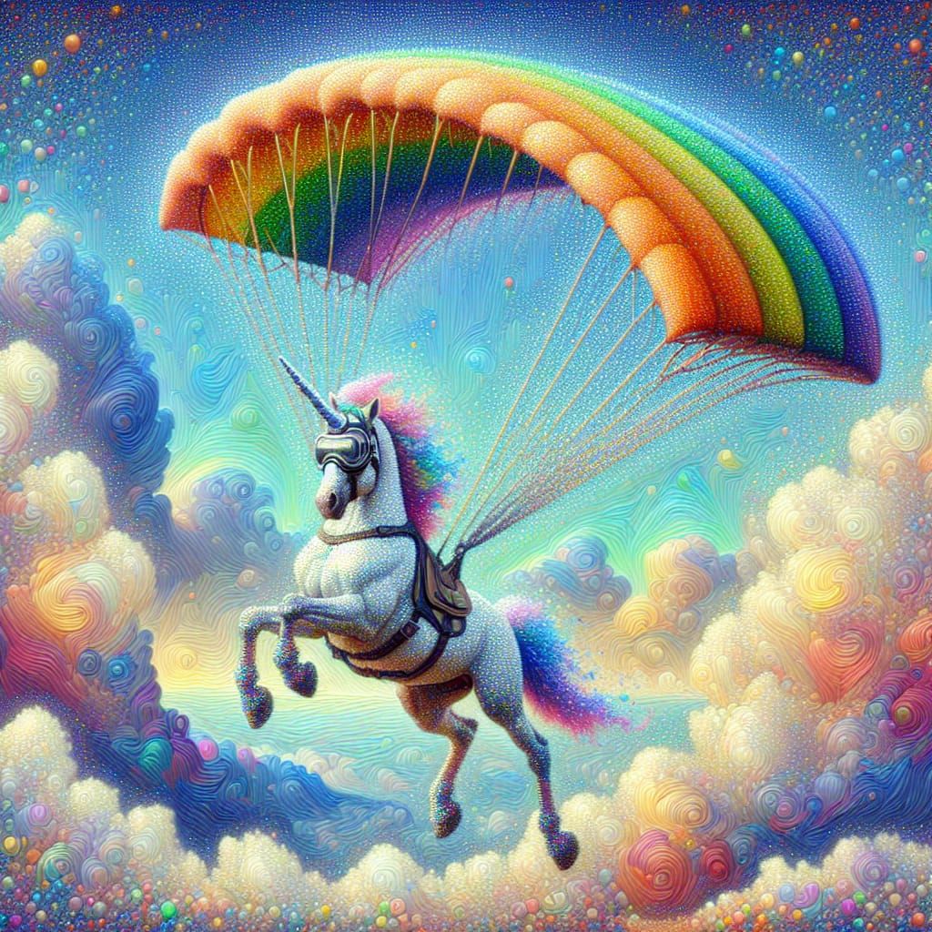 Smug Unicorn Skydiving with Rainbow Parachute, Pointillism S...
