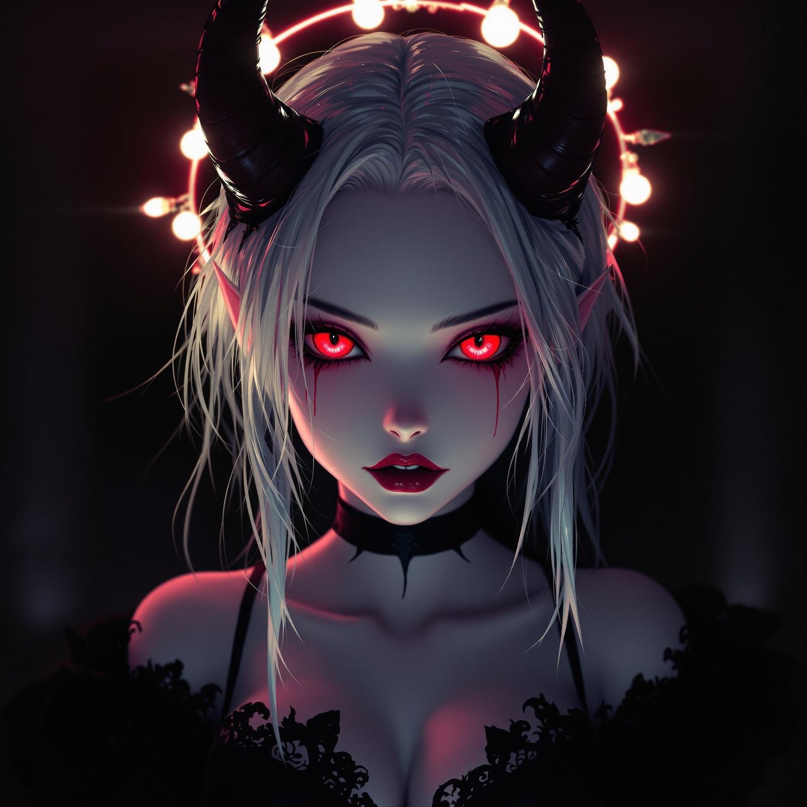 Ethereal Anime Devil Woman in Crimson Glow