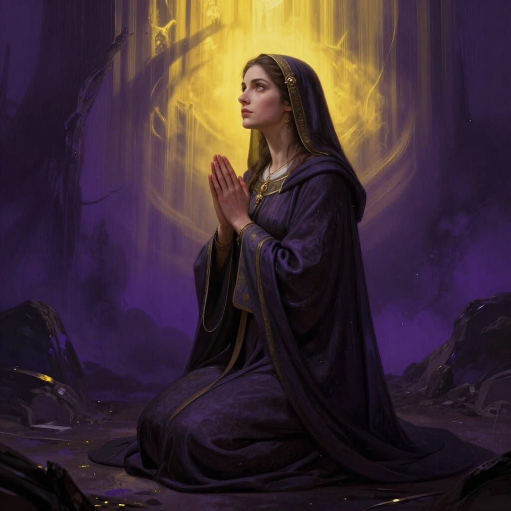 Devout Woman Kneels in Dark Fantasy Concept Art