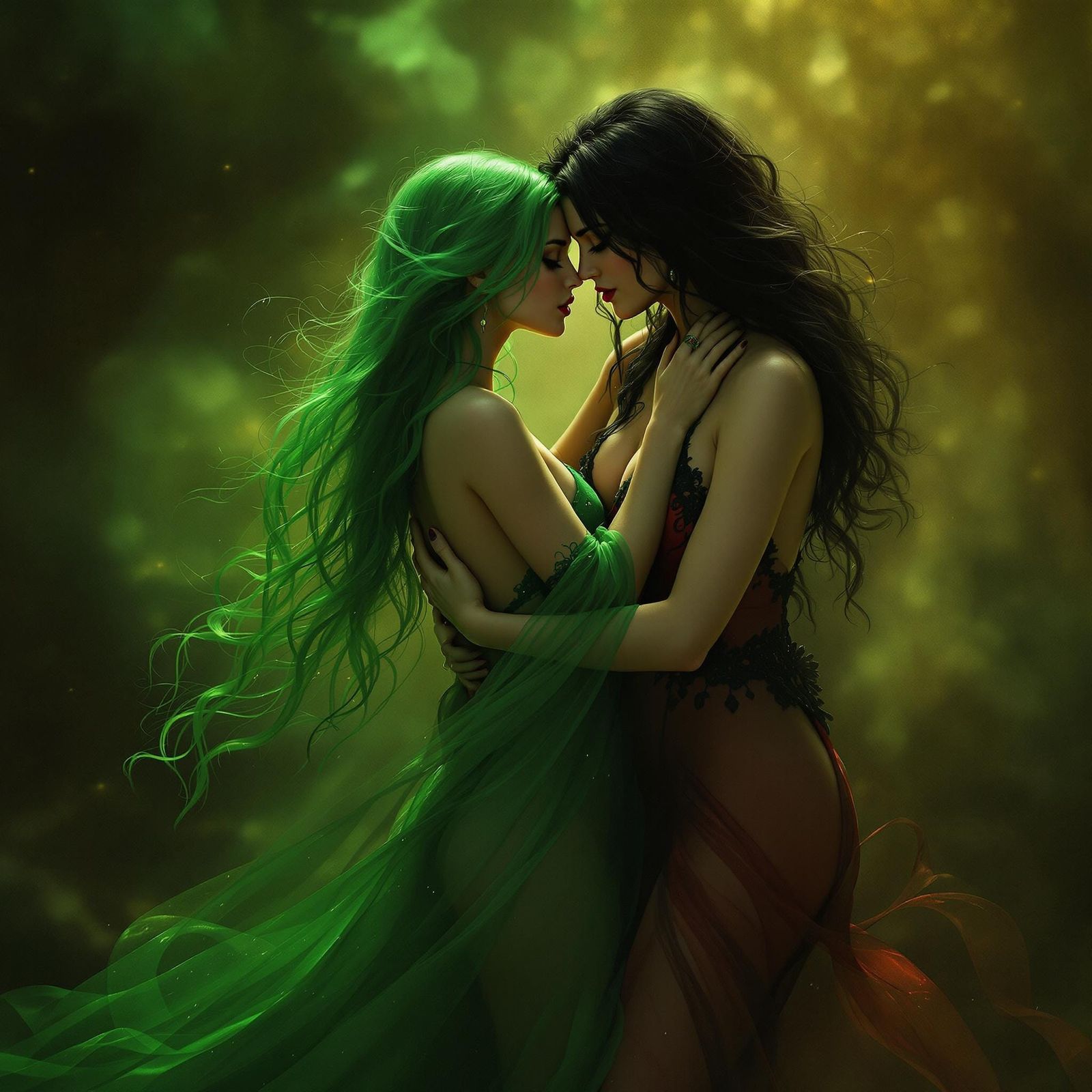 Enchanting Witch Dances with Lover in Ethereal Green Mist