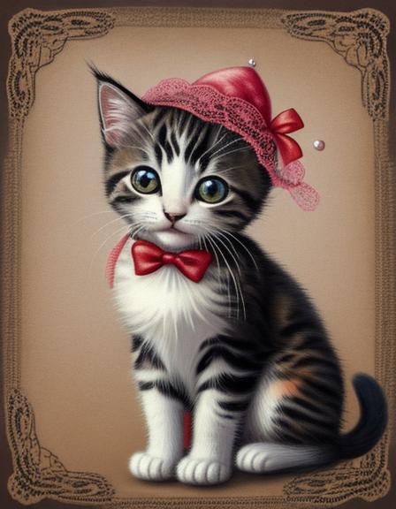 Whimsical Kitten Portrait in Lace Hat