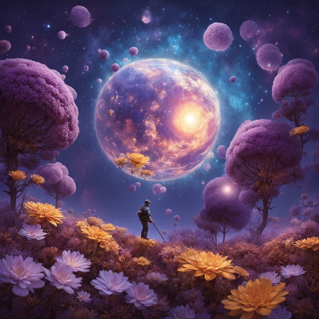 Celestial Gardener Cultivating Stardust Flowers: Surreal Art