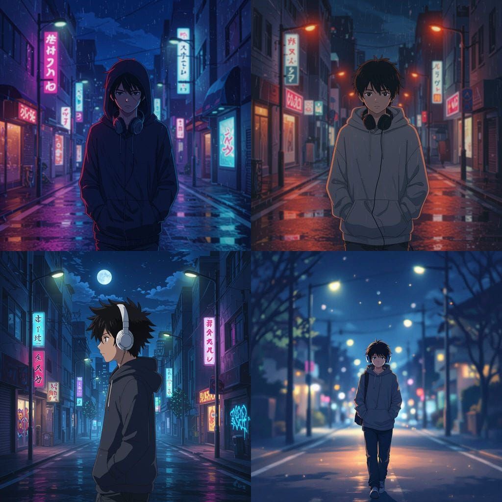 Anime High School Boy Walking at Night with Headphones