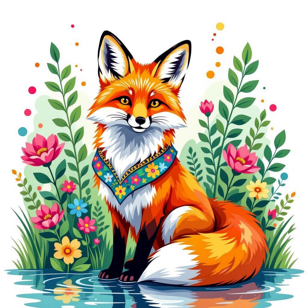 Whimsical Fox in Woodland Watercolor Painting