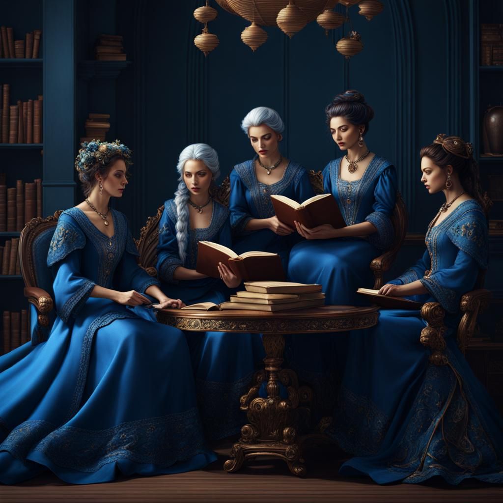 Women Reading in Blue Hues: Fantasy Art