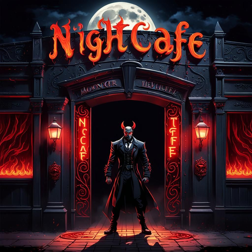 Eerie Night Cafe with Devilish Bouncer