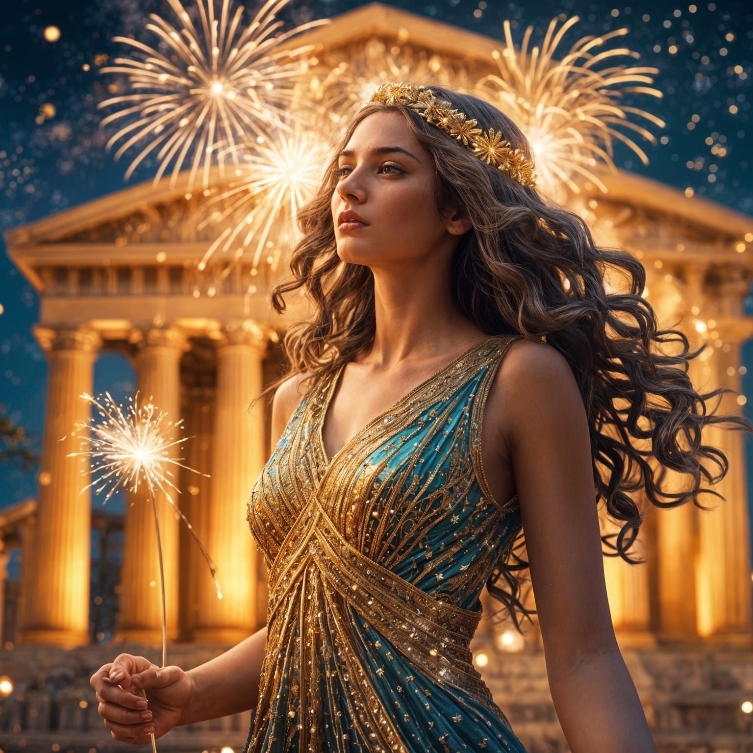 Hyperrealistic Greek Goddess with Fireworks