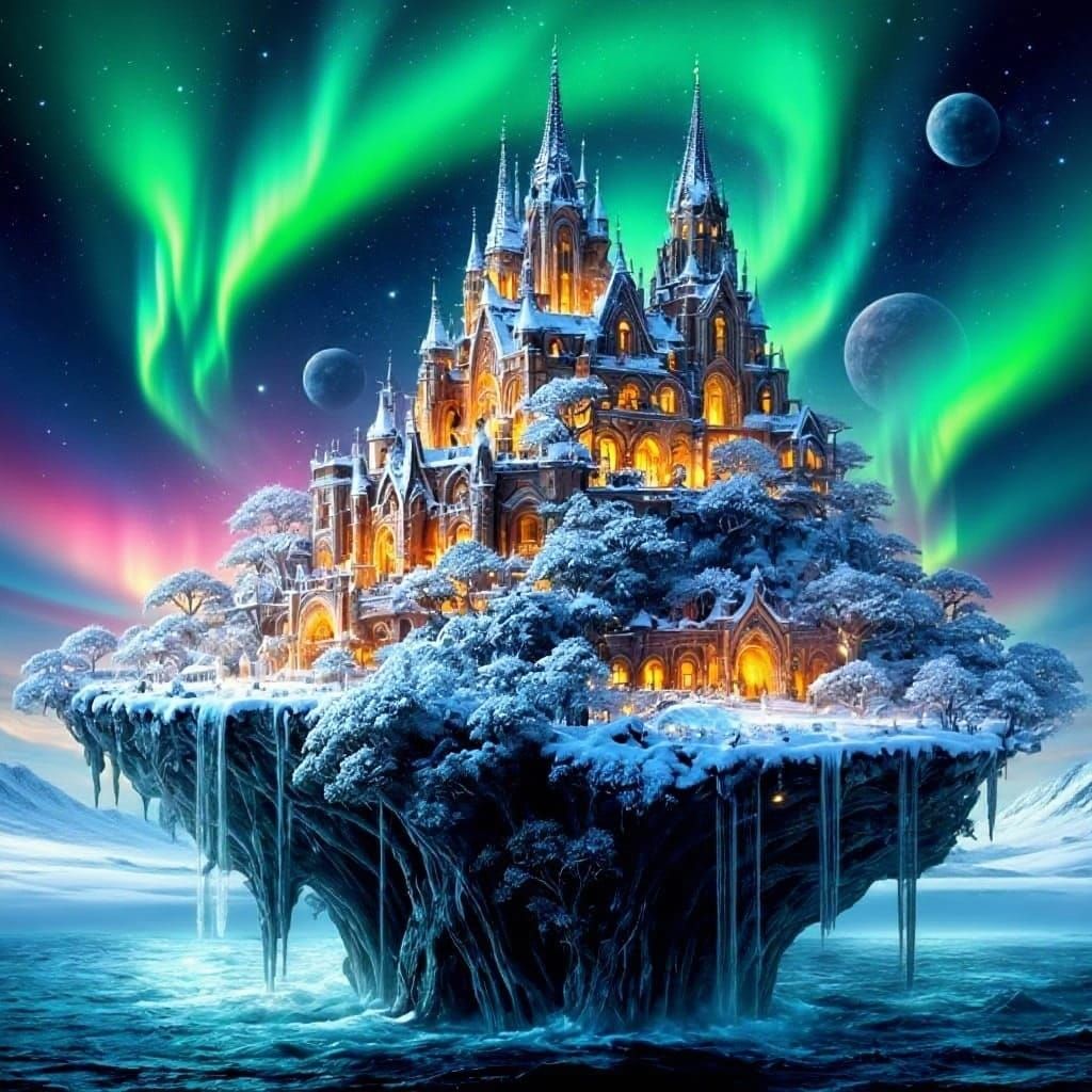 Winter Wonderland Island with Aurora Borealis